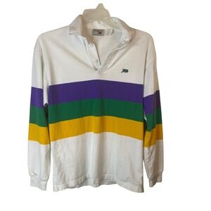 Perlis Mens Mardi Gras Crawfish Long Sleeve Polo Shirt White Striped Small USA